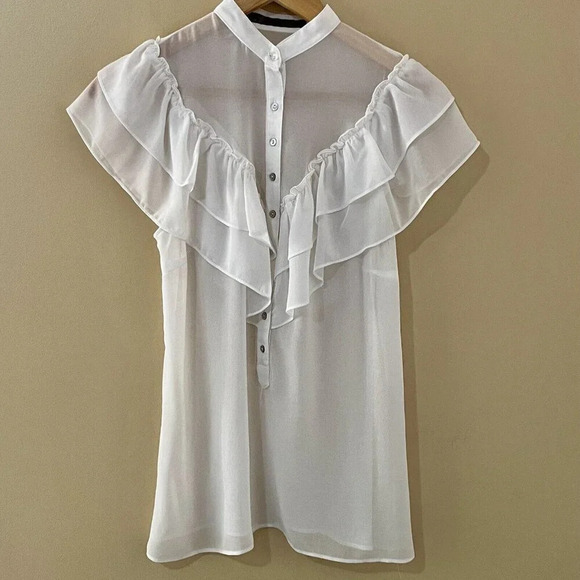 Guess Tops - Zara| Feminine White Ruffle High Collar Sheer Button Up Cap Sleeve Top Blouse XS